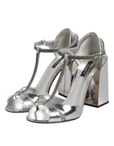 Dolce & Gabbana Silver Leather T-strap Heels Sandals Shoes